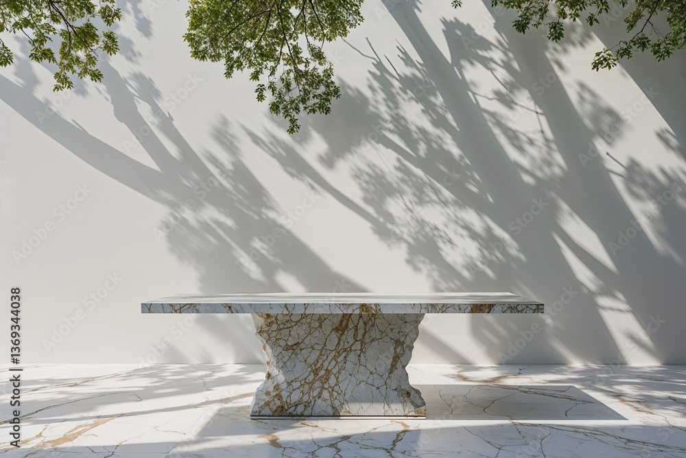 Poster beautiful marble table creating intriguing tree shadows on clean white wall for product display