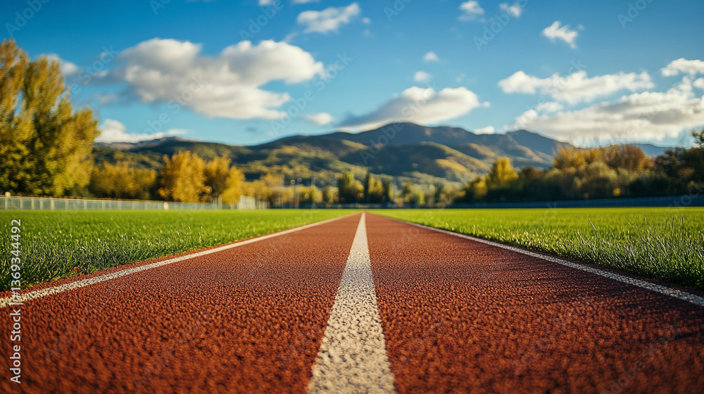 Poster a close up view of a running track with white line and green grass with mountains in background