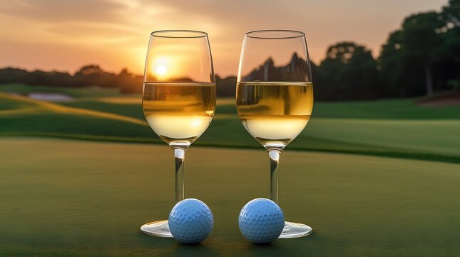 Elegant sunset scene with two glasses of white wine and two golf balls placed on a green golf course field, creating a romantic sports and luxury lifestyle background

