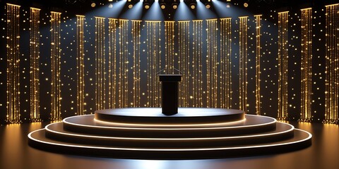 Futuristic illuminated stage with glowing circular platforms, spotlight beams, and sleek central podium, set against a digital golden light curtain background, ideal for presentations or events

