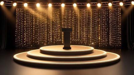 Futuristic illuminated stage with glowing circular platforms, spotlight beams, and sleek central podium, set against a digital golden light curtain background, ideal for presentations or events

