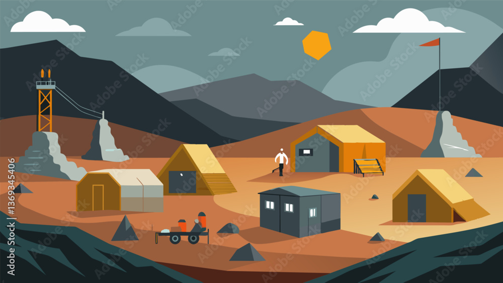 Poster a remote isolated campsite where workers live while mining for uranium enduring harsh conditions for