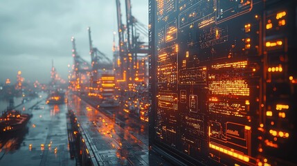 Illuminated skyscrapers and high rise buildings of a modern vibrant city skyline reflecting on the calm waters of a river or canal at night  The futuristic