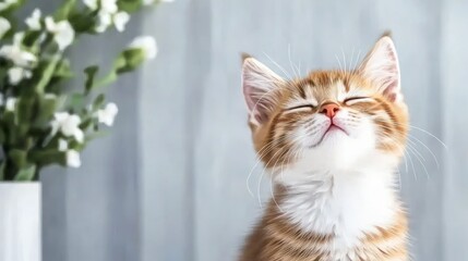 Adorable Ginger Kitten Relaxing Near White Flowers Peaceful Domestic Cat Portrait