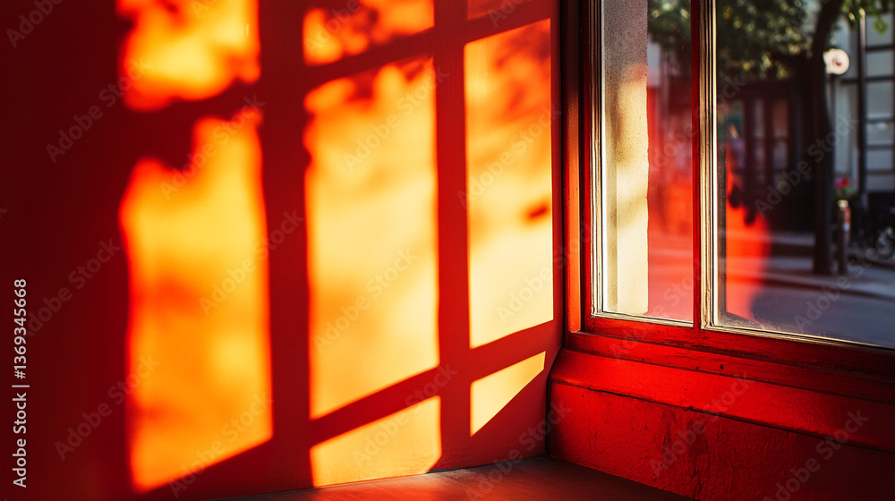 Poster shadows of a window frame cast on a red wall with a view of a street outside the window frame