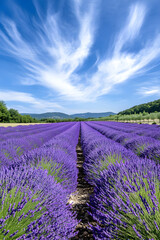 Fototapeta premium Tranquil Harmony: A Field of Lavender Flowers under a Pastel Blue Sky