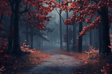 Enchanting autumn forest path with red leaves and misty atmosphere for seasonal designs