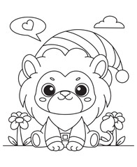 Coloring book lion wearing a striped hat, sitting between flowers with a heart speech bubble and cloud above. Fun line art for coloring