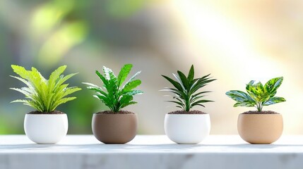 Obraz premium Four potted houseplants in different colored pots sitting on a white surface against a blurred green background