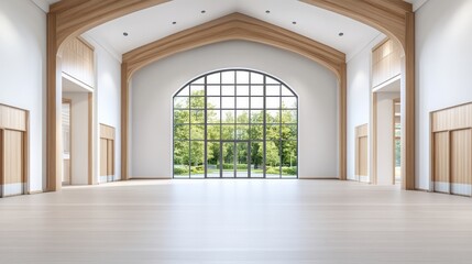 Spacious interior showcases large arched window and wooden architectural details