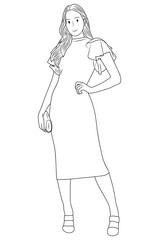 Woman in a Casual Dress, holding bag in Line Art Style.