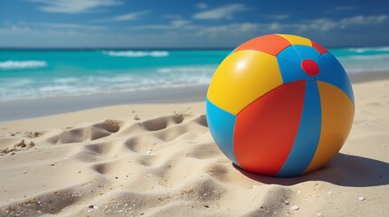 Colorful inflatable beach ball resting on soft white sand under bright sun at a tropical seaside, with turquoise ocean waves and blue sky in the background, ideal for summer themes

