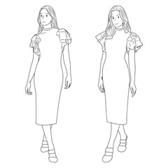 Women in Casual Dresses, walking poses in Line Art Style.