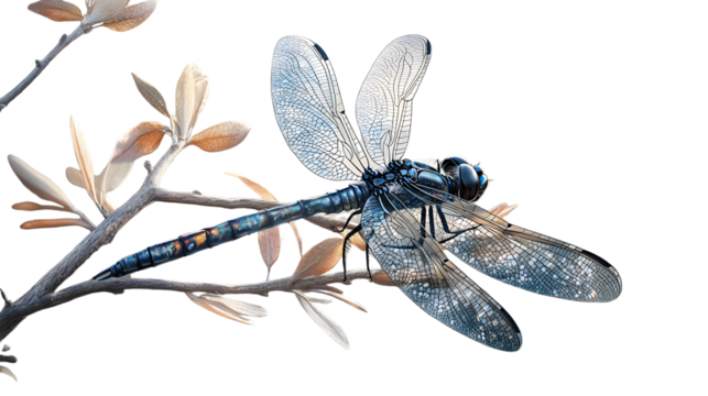 Intricate Blue Dragonfly Perched on a Delicate Branch with Softly Lit Leaves Against a Dark Bac - Powered by Adobe