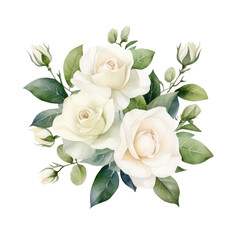 Fototapeta premium A bouquet of white roses with delicate buds and lush green leaves, showcasing elegance and beauty in floral design.