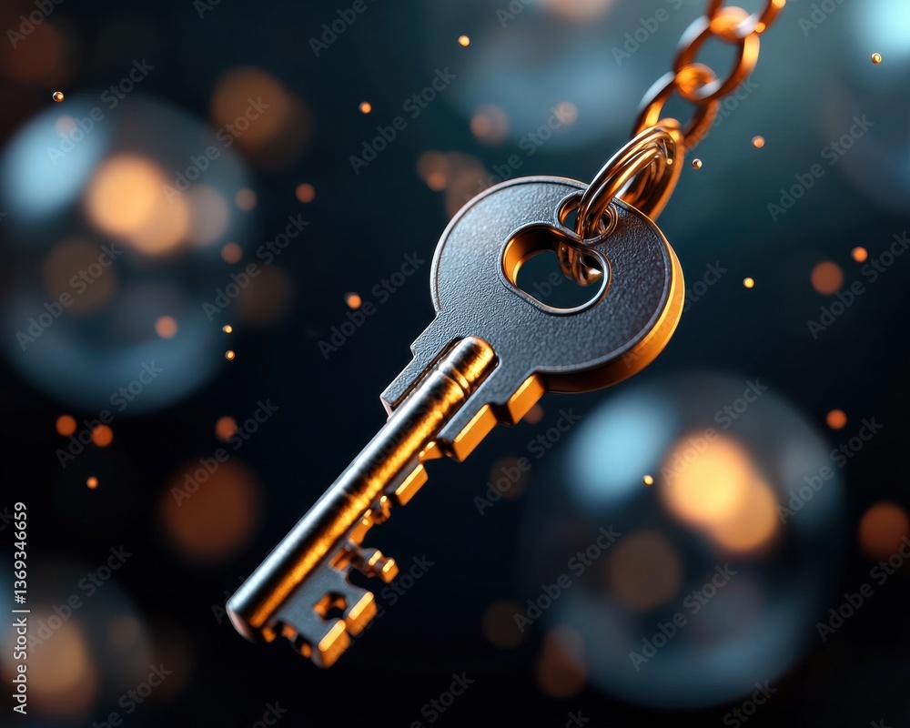 Poster closeup shot of an elegant ornate antique golden key with a shiny metallic finish and a glowing refl