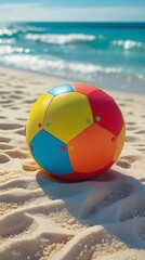 Obraz premium Colorful inflatable beach ball resting on soft white sand under bright sun at a tropical seaside, with turquoise ocean waves and blue sky in the background, ideal for summer themes