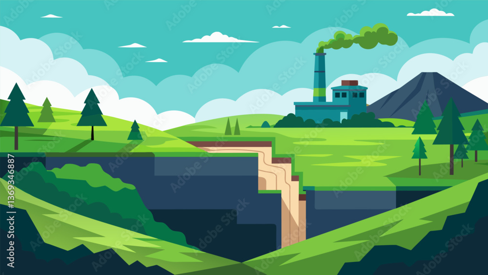 Poster a panoramic view of a lush green landscape with a small nondescript building in the distance hinting