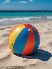 Obraz premium Colorful inflatable beach ball resting on soft white sand under bright sun at a tropical seaside, with turquoise ocean waves and blue sky in the background, ideal for summer themes