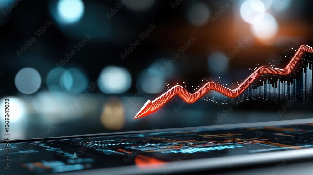 Poster upward pointing red arrow on a digital market dashboard visualizing financial data and growth trends
