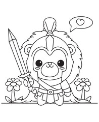 Coloring book lion gladiator wearing armor and a helmet, holding a sword, with flowers and a heart speech bubble