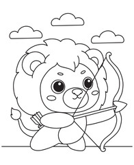 Coloring book lion archer holding a bow and arrow, under a cloudy sky. Fun line art for coloring