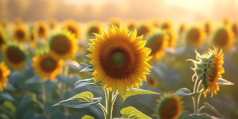 Obraz premium Radiant close-up of a vibrant sunflower in full bloom glowing under warm sunlight, with a scenic field of sunflowers in soft focus behind, perfect for nature-themed backgrounds
