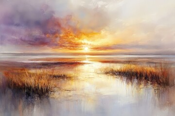 Fototapeta premium Serene Sunset Marsh Golden Hour Landscape Painting.