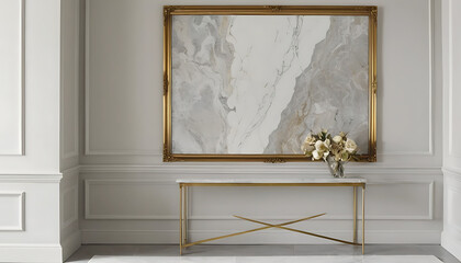 Elegant hallway interior with gold accents and marble artwork display