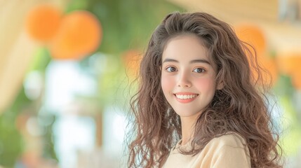 Naklejka premium Happy Young Woman with Long Brown Curly Hair Smiling Outdoors A Portrait of a Cheerful Teenage Girl