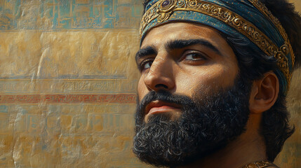 Resolute Portrait of Cyrus the Great with Persian Symbols and Achaemenid Empire Elements