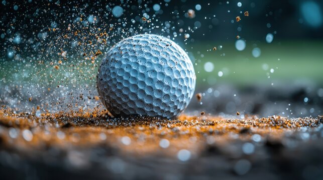 Close up view of a golf ball in mid air creating water splashes and droplets on a wet grassy surface during an outdoor golf game or practice session