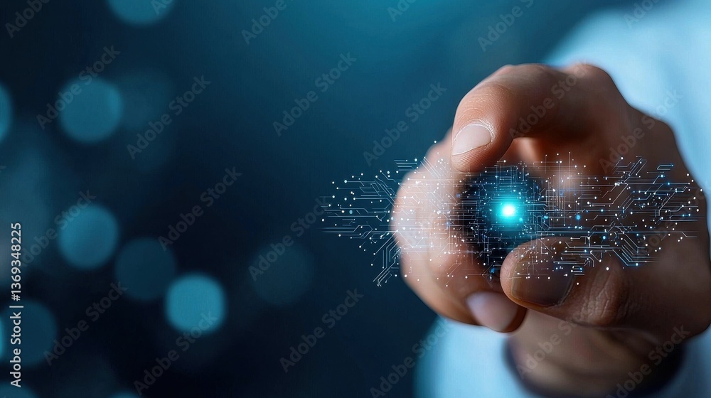 Poster glowing spark of electricity or energy emanating from a human hand symbolizing innovation creativity