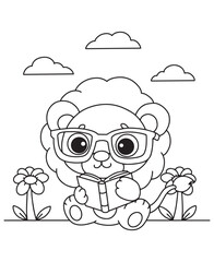 Coloring book  lion reading a book, wearing glasses, sitting between flowers under a cloudy sky