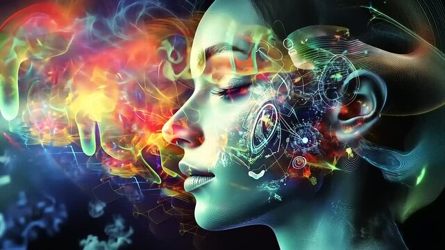 Ethereal portrait of a woman with vibrant, abstract colors representing thoughts and creativity