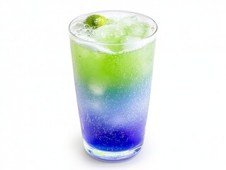 Vibrant green and blue layered drink in a glass, refreshing summer beverage 