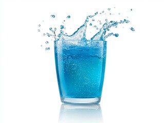 Dynamic splash of vibrant blue liquid in a glass, refreshing visual spectacle 
