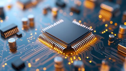 Close up shot of an intricate electronic circuit board with complex microchips processors and other high tech components