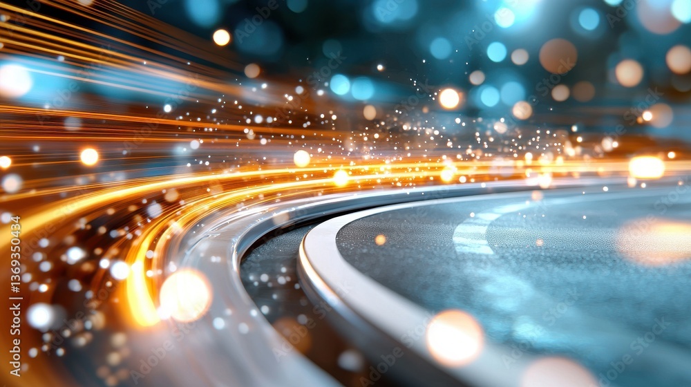 Poster glowing motion blur trail on a futuristic digital highway with radiant luminous lights beams and bur