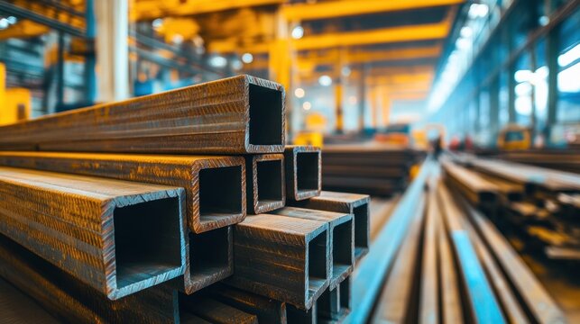 Stacked hollow structural sections with manufacturing plant in the background