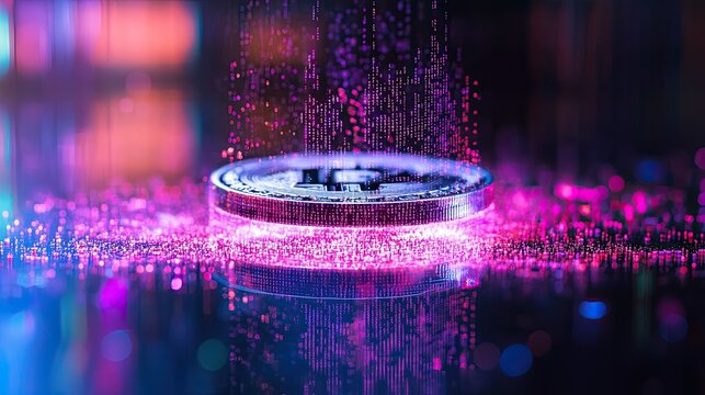 Bitcoin coin spinning on mirrored surface with holographic code fragments, showcasing cryptocurrency and blockchain technology.