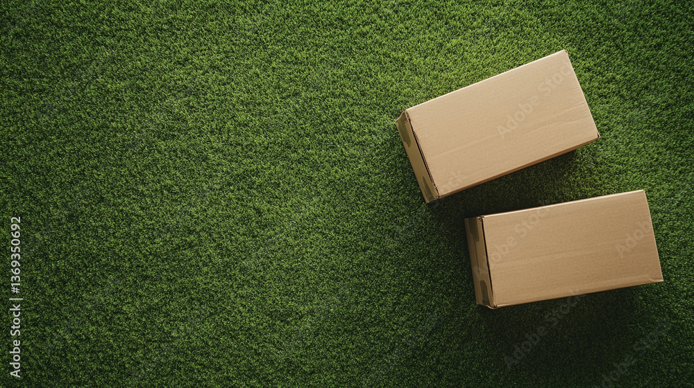 Poster two cardboard boxes placed on a vibrant green artificial grass surface in a top down view angle