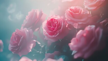 Soft-focus pink roses, garden setting, sunlit background, romantic backdrop
