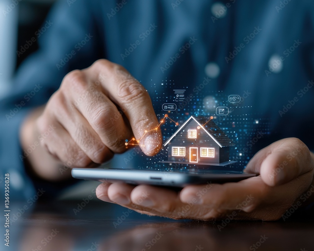 Poster digital smart home security and real estate planning concept with mobile app technology cloud comput
