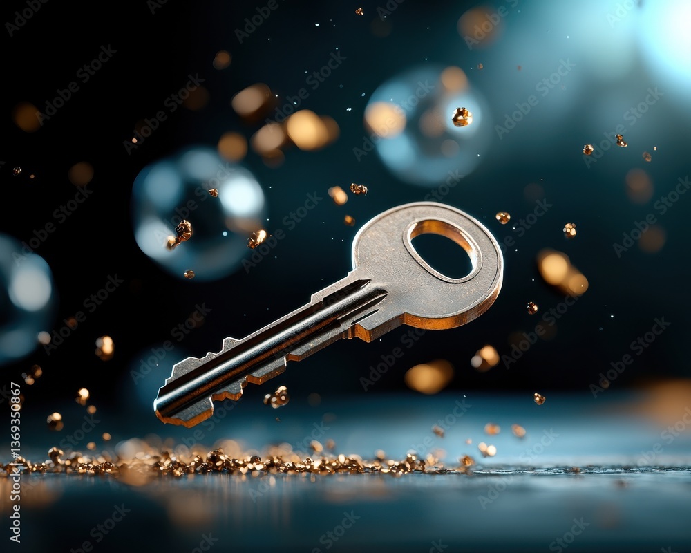 Poster shimmering metal key floating in an ethereal lighting backdrop conveying a sense of innovation the k