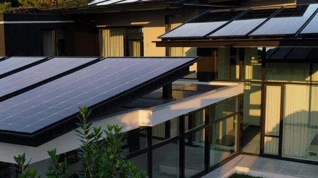 Contemporary house with sleek solar panels on the roof, surrounded by greenery. Eco-friendly architecture and energy-efficient living in harmony with nature.