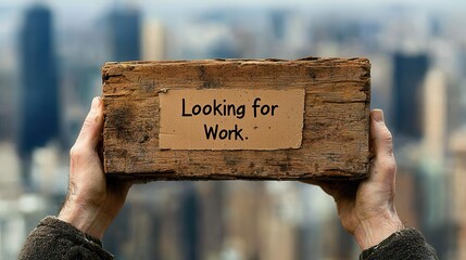 Wooden Sign Held Up by Hands with Looking for Work Message Against City Background