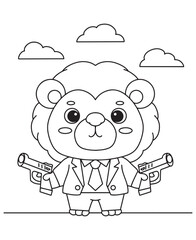 Coloring book  lion gangster wearing a suit and tie, holding two pistols, under a cloudy sky