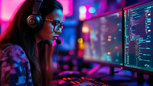 Focused female gamer in a colorful gaming setup, immersed in coding and digital graphics