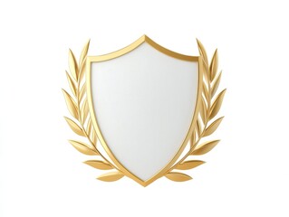 Golden shield with laurel branches, a symbol of victory, achievement and honor on white background